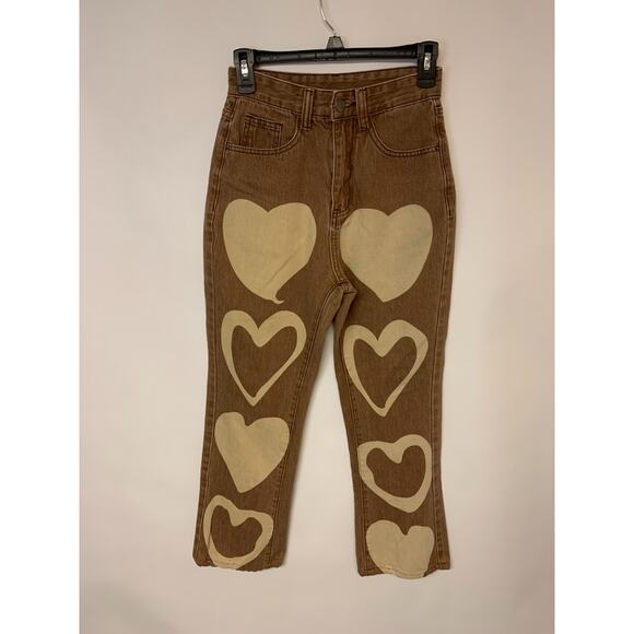 SHEIN Denim - Womens Jeans Size XS Brown Tan Hearts Boho Twee Unique Schoolgirl